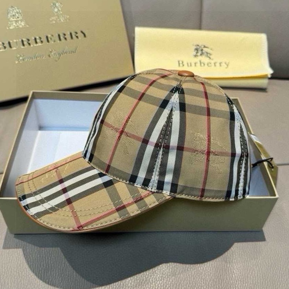 Burberry Tan Plaid Baseball Cap with Black & Red Accents
